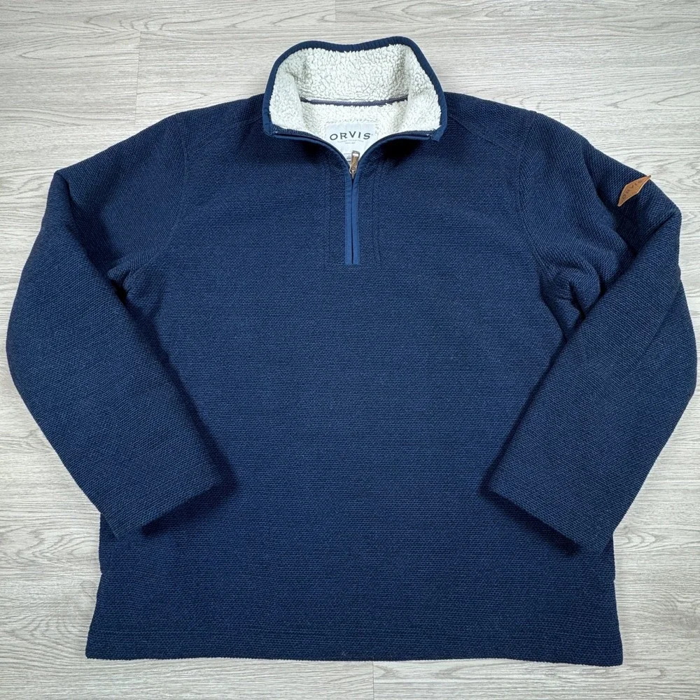 Orvis Men Quarter Zip Pullover Navy‎ Blue Large Sherpa Lined Knit Sweater